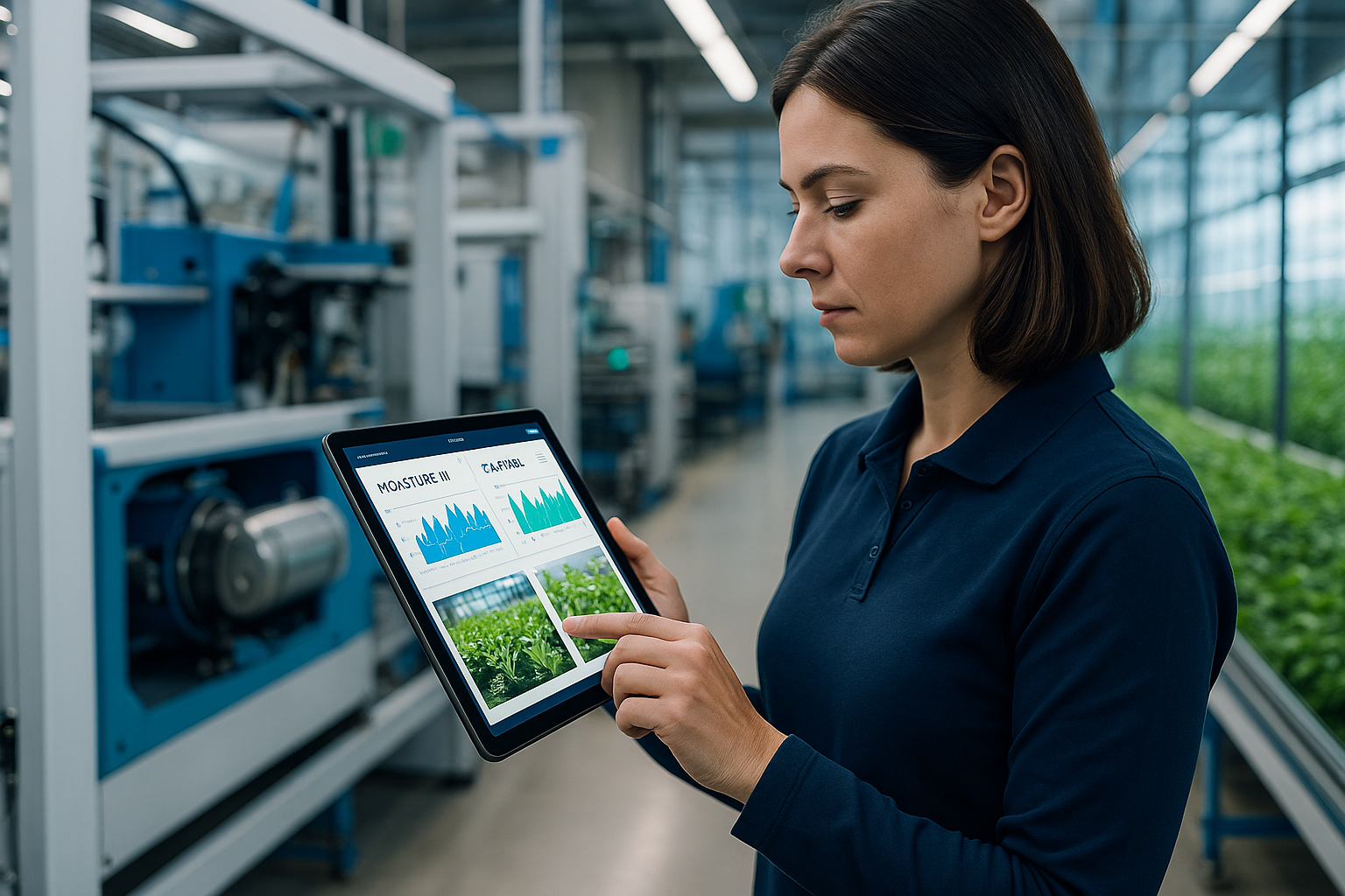 Operator bekijkt realtime machine-data dashboard op tablet in productieomgeving
